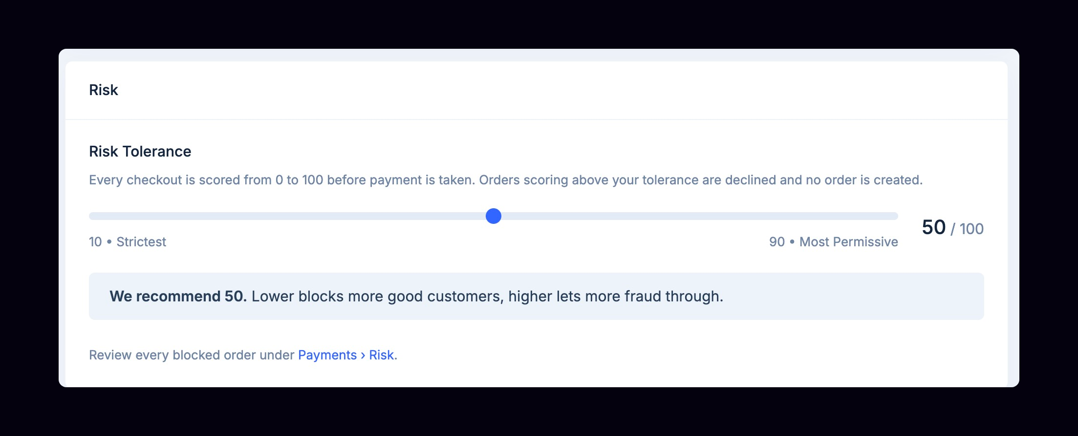 Risk tolerance slider in NEXT Payments settings, set to 50 out of 100